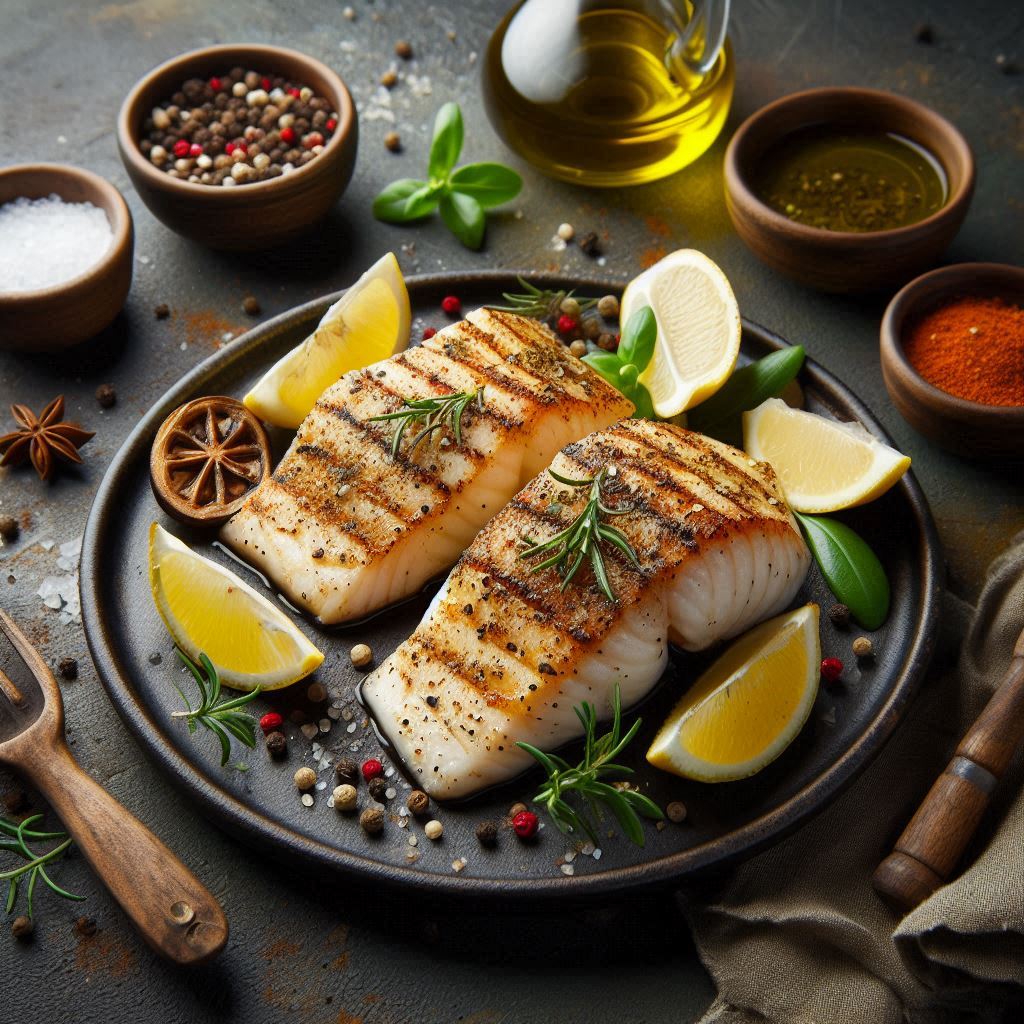 EhuruAja Grilled Fish Fillets with white fish fillets, olive oil, EhuruAja spice blend, lemon juice, salt, pepper, and optional smoky mix