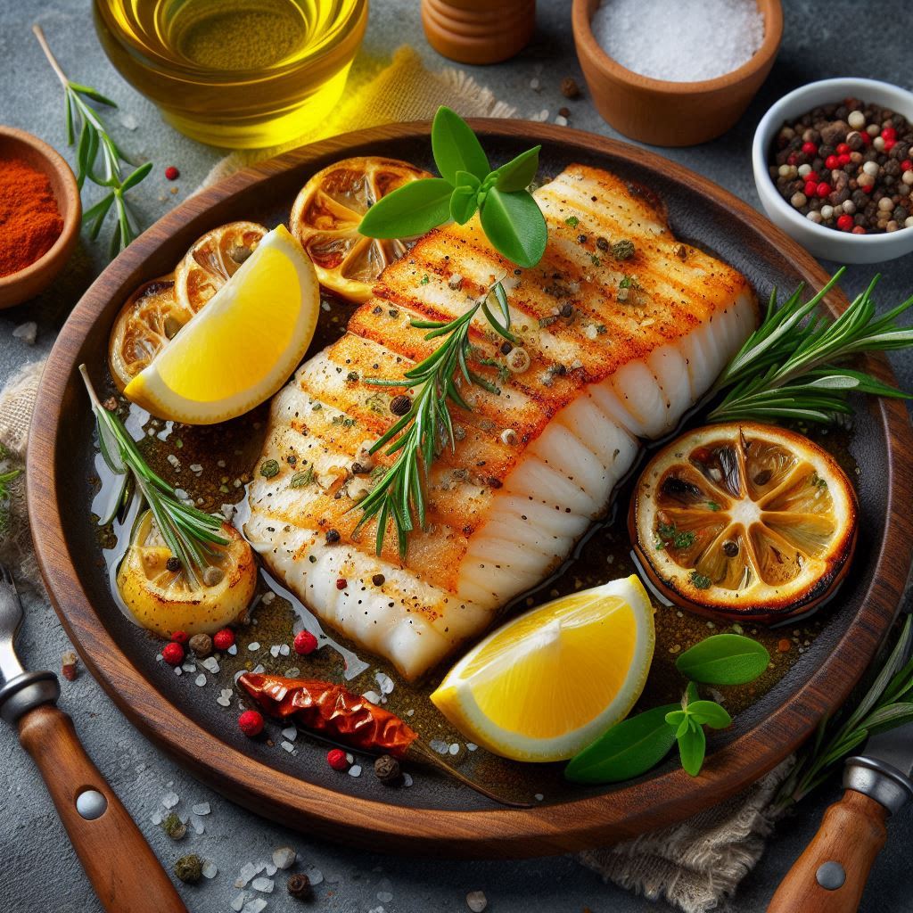 EhuruAja Grilled Fish Fillets with white fish fillets, olive oil, EhuruAja spice blend, lemon juice, salt, pepper, and optional smoky mix2