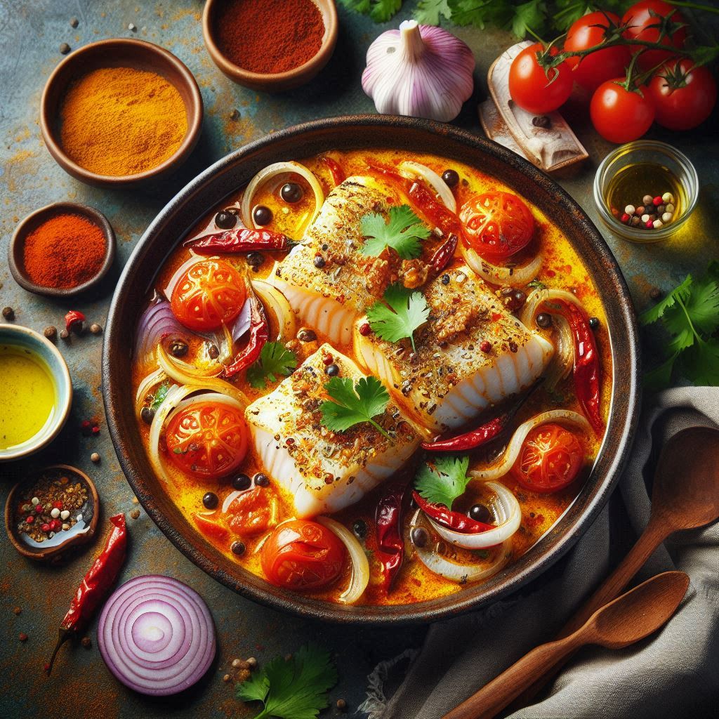 Spiced Fish Curry with white fish fillets, onion, garlic, tomatoes, spice blend, broth, oil, optional smoky mix, and cilantro garnish